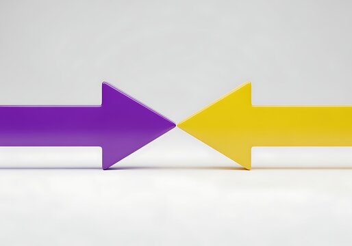 Two large colorful arrows pointing in opposite directions on white background  concept of choice or decision making