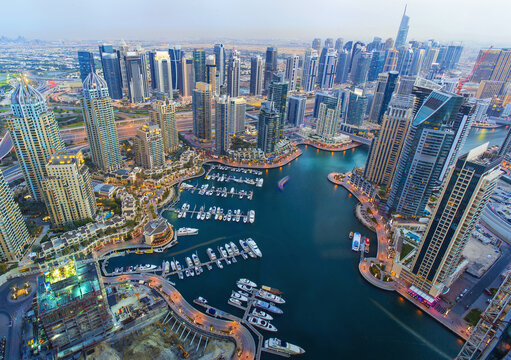 Aerial View of Dubai Marina Skyline, Luxury Waterfront Hotels and Residential Towers, UAE