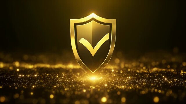 輝く金のチェックマーク盾が信頼と品質保証を象徴するセキュリティ認証イメージ