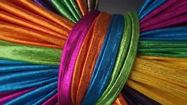 Colorful fabric strips tied together in a central knot