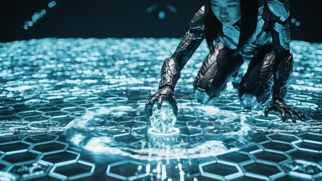 Futuristic robot unleashes glowing blue energy data. crystal power source on hexagon grid shows high yield from advanced technology