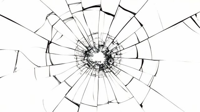 Broken glass shattered on white background showing radial cracks and a central impact hole for destruction concept