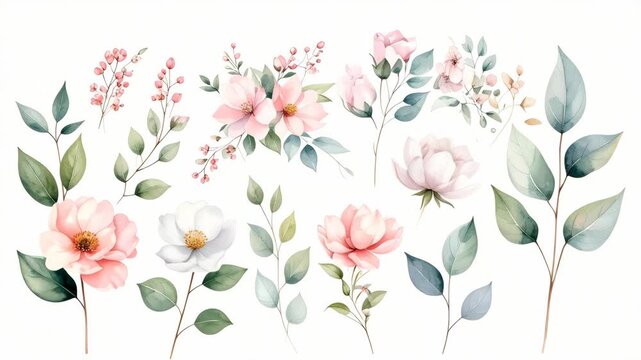 Elegant hand painted watercolor botanical floral elements with pink blossoms and green leaves collection