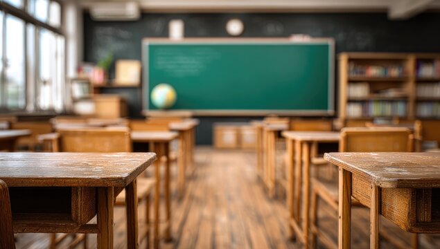 Empty classroom with wooden desks and chairs, green chalkboard, and globe
