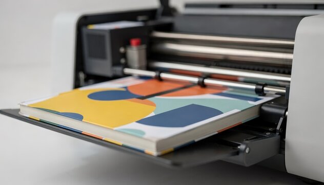 Focused view of a compact printer producing selfpublished books highlighting crisp cover details and blurred press mechanics symbolizing rapid microprinting workflows.