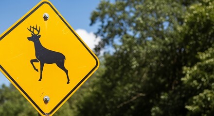 Deer crossing road sign in natural setting with trees and blue sky, alerting drivers to wildlife presence. Deer crossing sign emphasizes woodland environments and road safety.