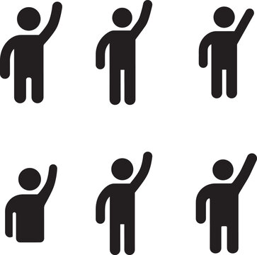 Six black stick figures raising their right arms in unison 