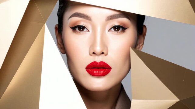 Portrait of an elegant Asian model with red lips and black eyeliner looking through gold geometric paper