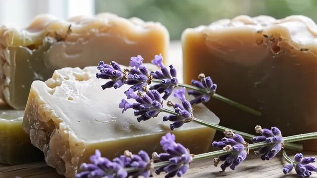 Natural handmade soap bars with fresh lavender sprigs. Artisanal skincare product for wellness and aromatherapy. Organic body care concept