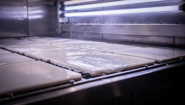 Medium shot of coated panels exposed to intense UV light in a curing chamber emphasizing rapid polymerization under ultraviolet radiation.