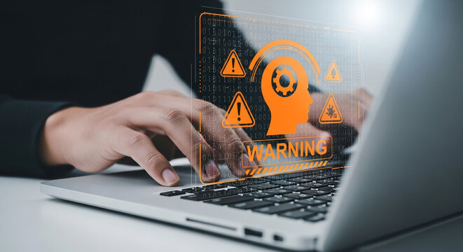 A person interacting with a laptop displaying a warning about data security