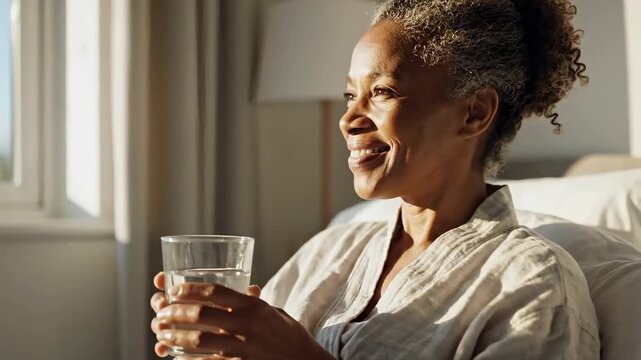 Older Black woman drinking water in bed during morning. Happy senior female smiling while hydrating in bedroom. Healthy lifestyle and wellness routine concept
