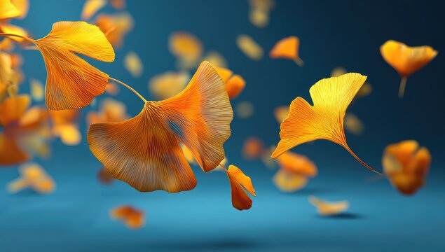 Autumn ginkgo leaves gracefully dance against a serene blue backdrop