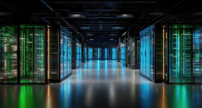Rows of illuminated server racks in a dark, futuristic data center with reflective floor