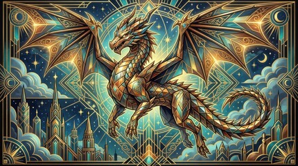 Obraz premium Majestic Golden Dragon Soaring Above a Fantasy Cityscape.