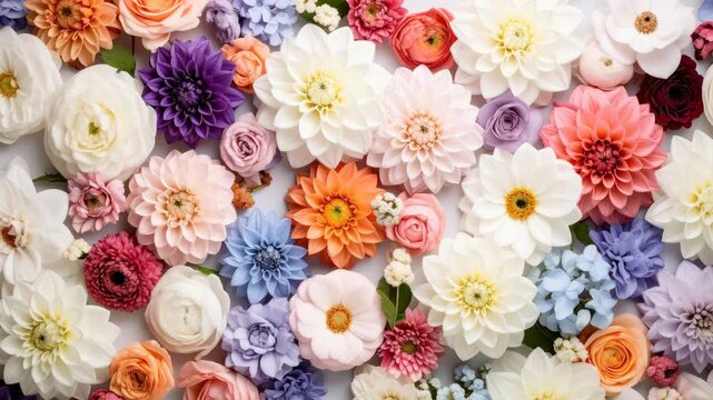 Colorful assortment of fresh dahlias and ranunculus flowers in a vibrant flat lay floral background pattern