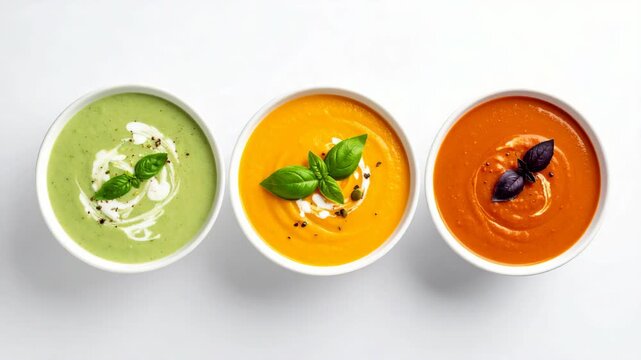 Overhead view of three colorful vegetable cream soups in bowls on a white background