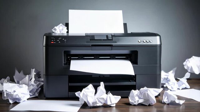Black office printer surrounded by crumpled white paper waste on a wooden desk against grey wall