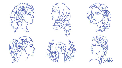Fototapeta premium International Women's Day Line Art Vector Set , Diverse Female Profiles with Floral Elements