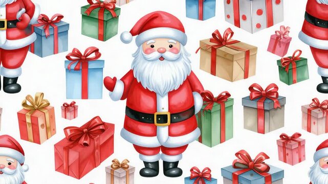 Hand painted watercolor Santa Claus and colorful wrapped gift boxes seamless pattern for Christmas holiday paper