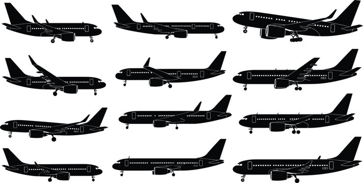 Collection of airplane silhouettes in various poses and angles on a white background Keywords: airplane, aircraft, aeroplane