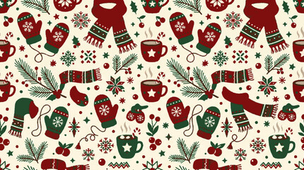Naklejka premium Winter holiday vector pattern with cute mittens scarves and festive accessories on cream background