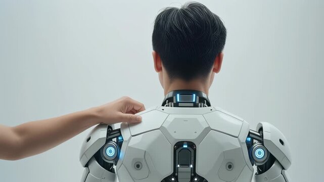 人間とロボットが肩を寄せ合う信頼と協働を象徴する未来共創イメージ