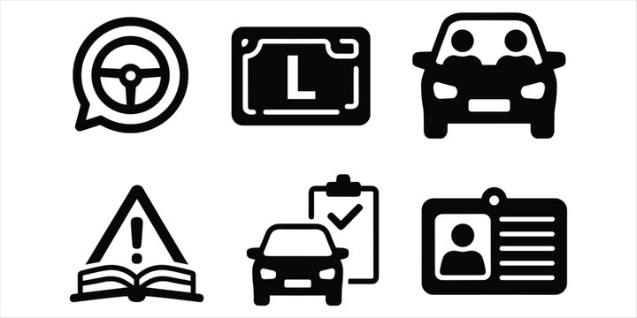 Collection of Driving and License Related Icons in Black and White steering wheel learner