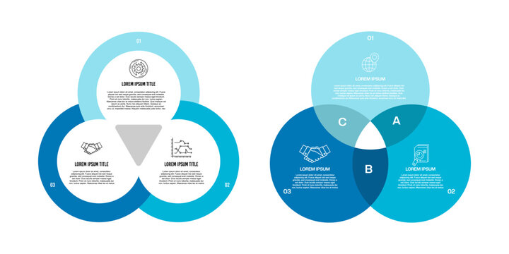 Circle chart infographic template with 3 options  set for presentations. venn diagram triangle 3 parts, options, steps, process. vector editable