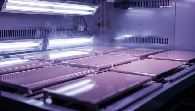 Medium shot of coated panels exposed to intense UV light in a curing chamber emphasizing rapid polymerization under ultraviolet radiation.