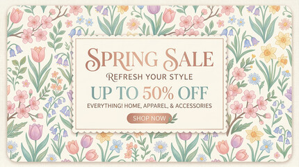 Spring Sale Floral Banner Background with Flowers and Pastel Colors