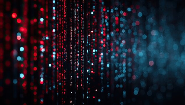 Red and blue digital rain falls down against a dark background, abstract