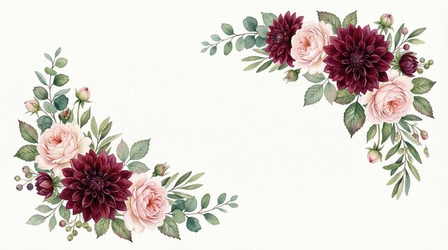 A beautiful floral arrangement of pink and maroon roses with green leaves on a white background