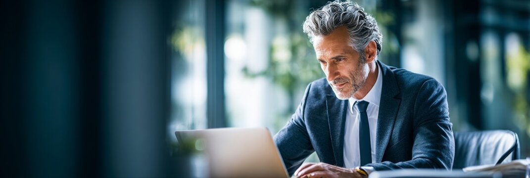 Man in suit focuses intently on laptop screen