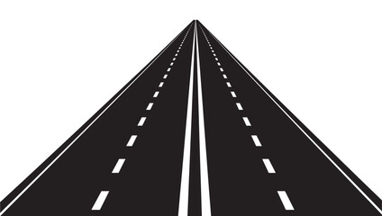 Road with dashed white lines leading to the horizon, representing travel and direction on an empty black asphalt surface.