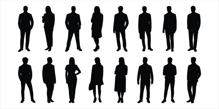 Diverse group of standing and seated male and female silhouettes on white background people woman