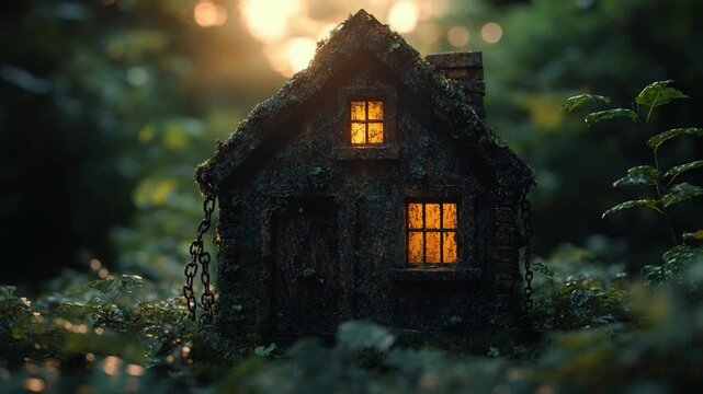 Enchanted Cottage in Lush Forest: A whimsical moss-covered cottage, its windows glowing warmly, nestles amidst the verdant embrace of a mystical woodland, bathed in an ethereal light.