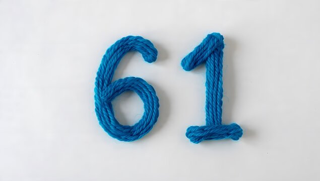 Blue yarn number sixty-one on white background