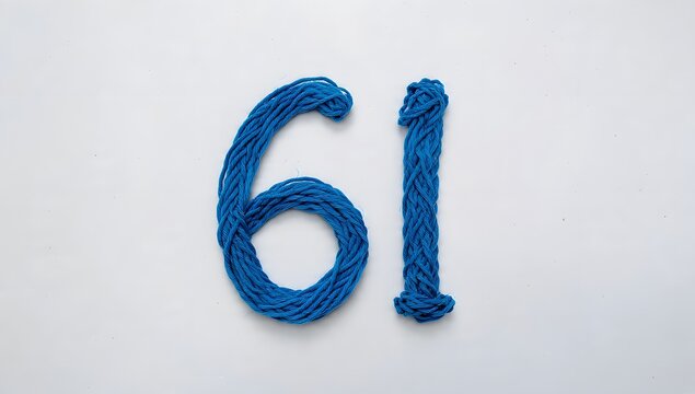 Number sixty-one crafted with blue yarn on white background
