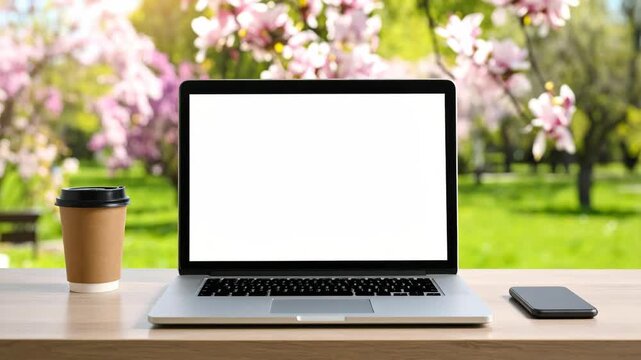 Laptop with white mockup screen and coffee on wooden table in a sunny spring park with blooming trees