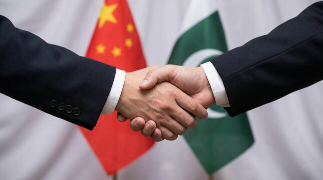 Diplomatic partnership solidifies through a firm handshake between business representatives symbolizing China and Pakistan cooperation agreements