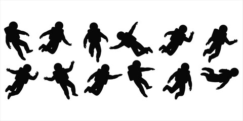 Multiple black silhouettes of astronauts in dynamic floating poses against a white background space zero gravity © Mst