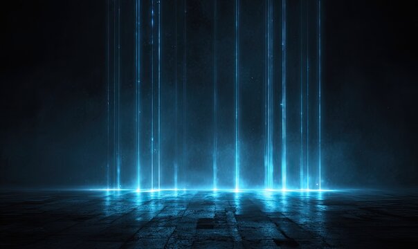 Vertical glowing blue light beams from a dark, smoky, reflective floor