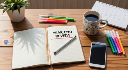 Naklejka premium Year End Review Notebook with Pen, Markers, Coffee, and Phone on Wooden Desk