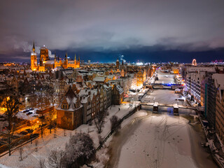 Aerial view of the beautiful main city in Gdansk at winter night, Poland © Patryk Kosmider