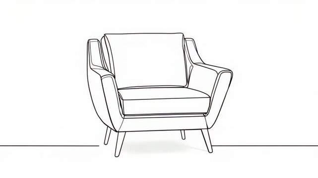 Minimalist continuous line drawing of a comfortable mid century modern armchair isolated on a plain white background