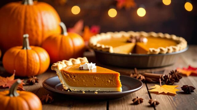 Slice of homemade pumpkin pie with whipped cream on a rustic wooden table with orange pumpkins and autumn leaves