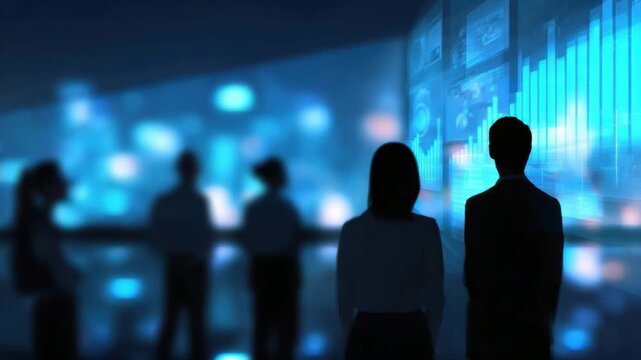 Strategic Insight: A silhouette group analyses intricate data projected on a large display, immersed in the digital realm of innovation and analysis.