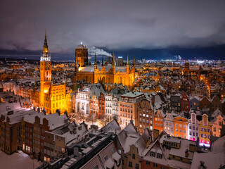 Aerial view of the beautiful main city in Gdansk at winter night, Poland © Patryk Kosmider