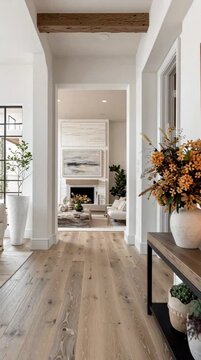 Home tour a large modern entryway foyer designed with soft neutral tones and warm beige hues, creating an elegant and welcoming first impression.